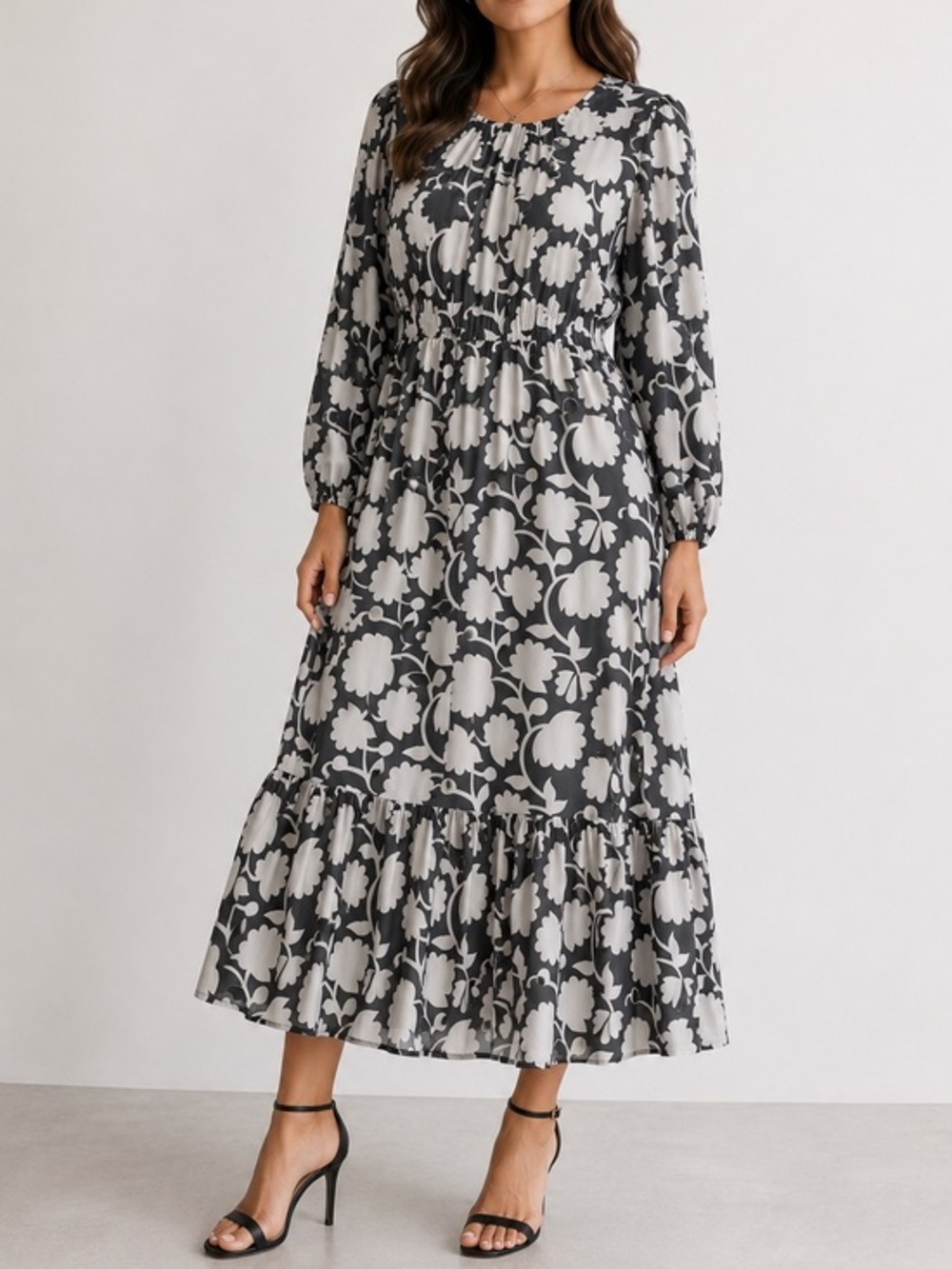 Banjanan Blanche Shadow Bloom Black Gray Floral Cotton Voile Midi Dress